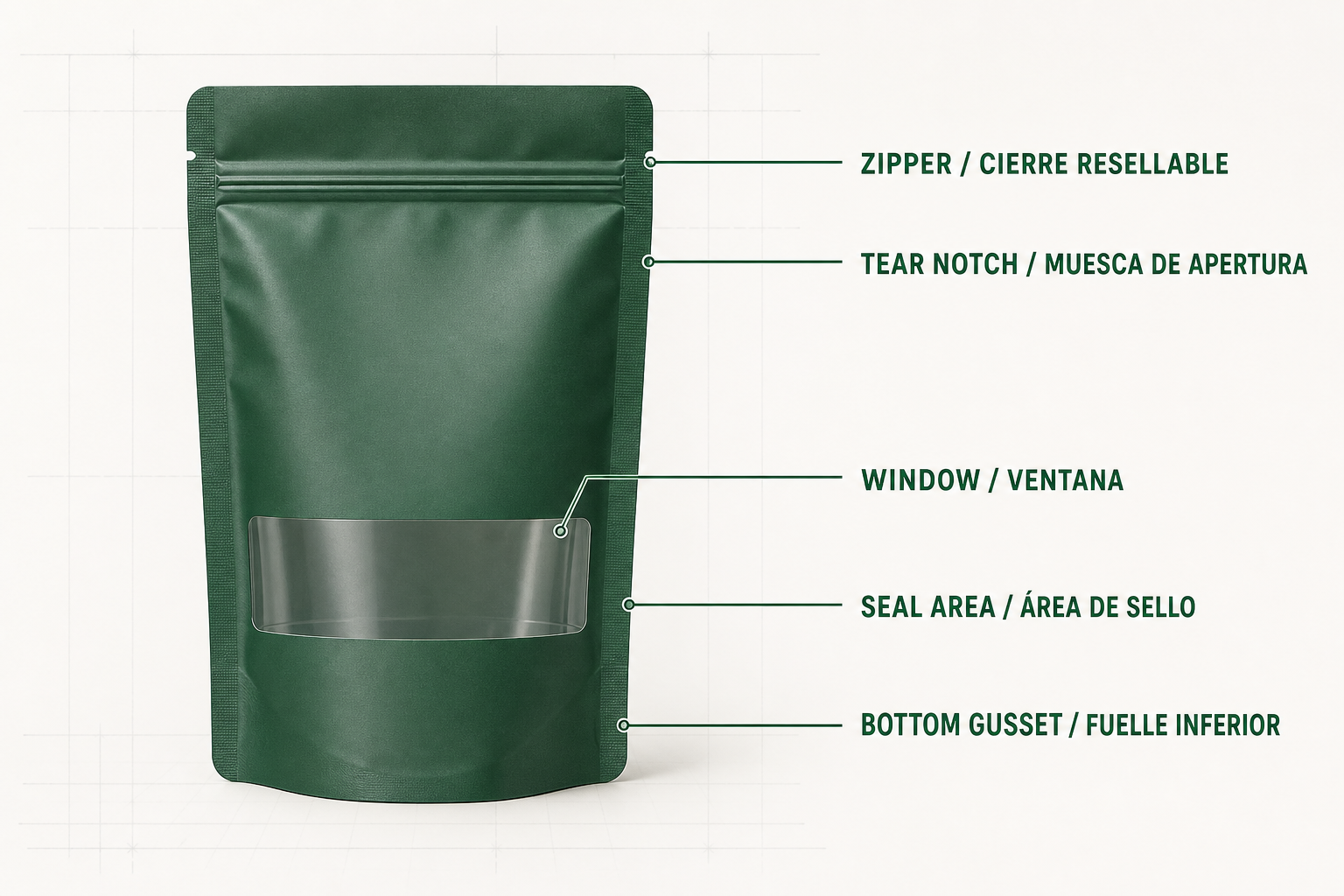 Anatomía bilingüe de una bolsa flexible: zipper, muesca de apertura, ventana, área de sello y fuelle inferior