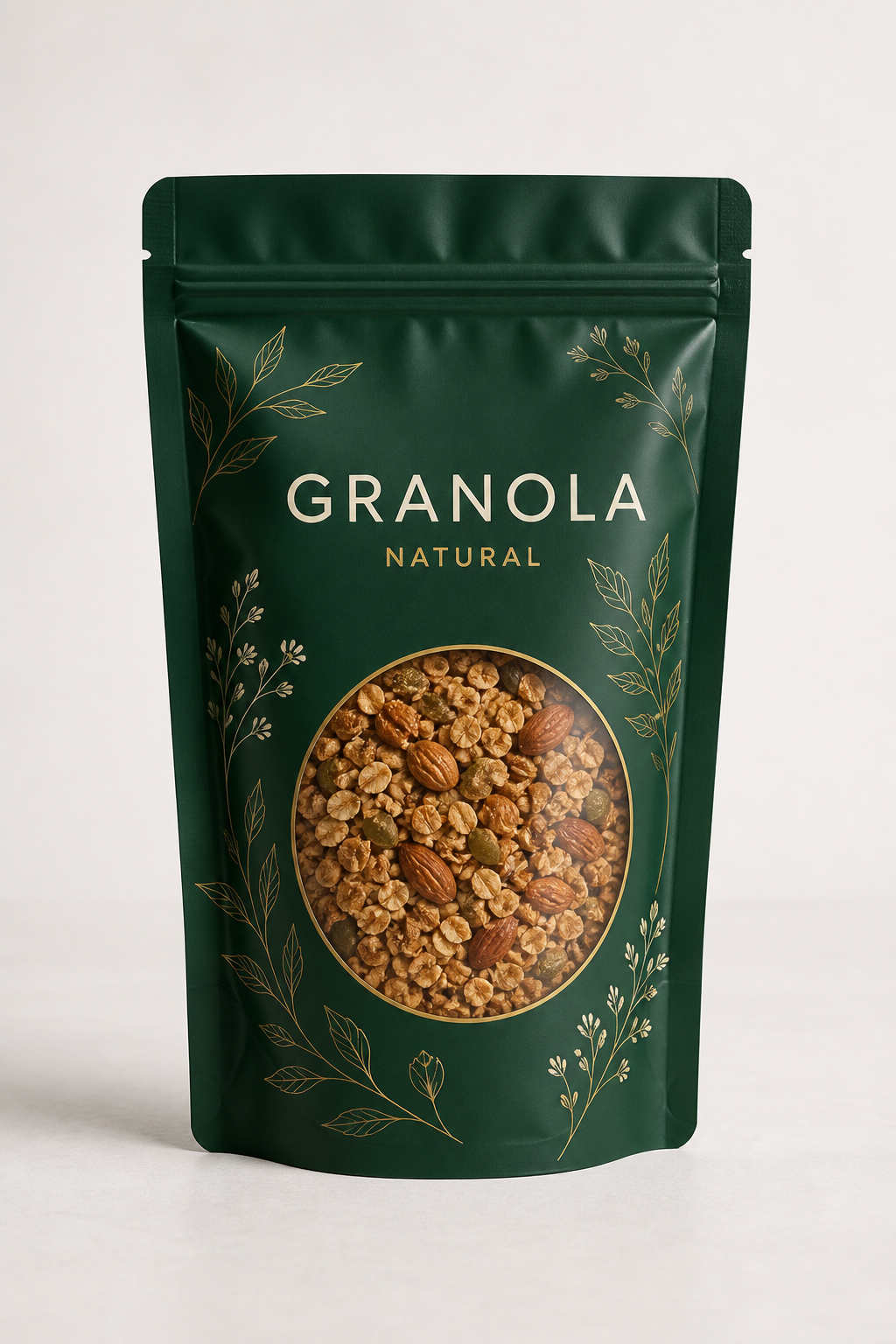 Empaque flexible verde de granola natural con ventana frontal y cierre resellable